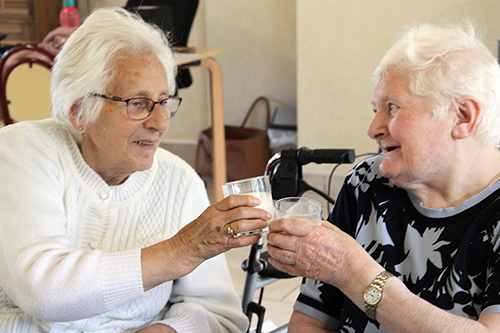 Twee oudere vrouwen heffen glazen melk op.